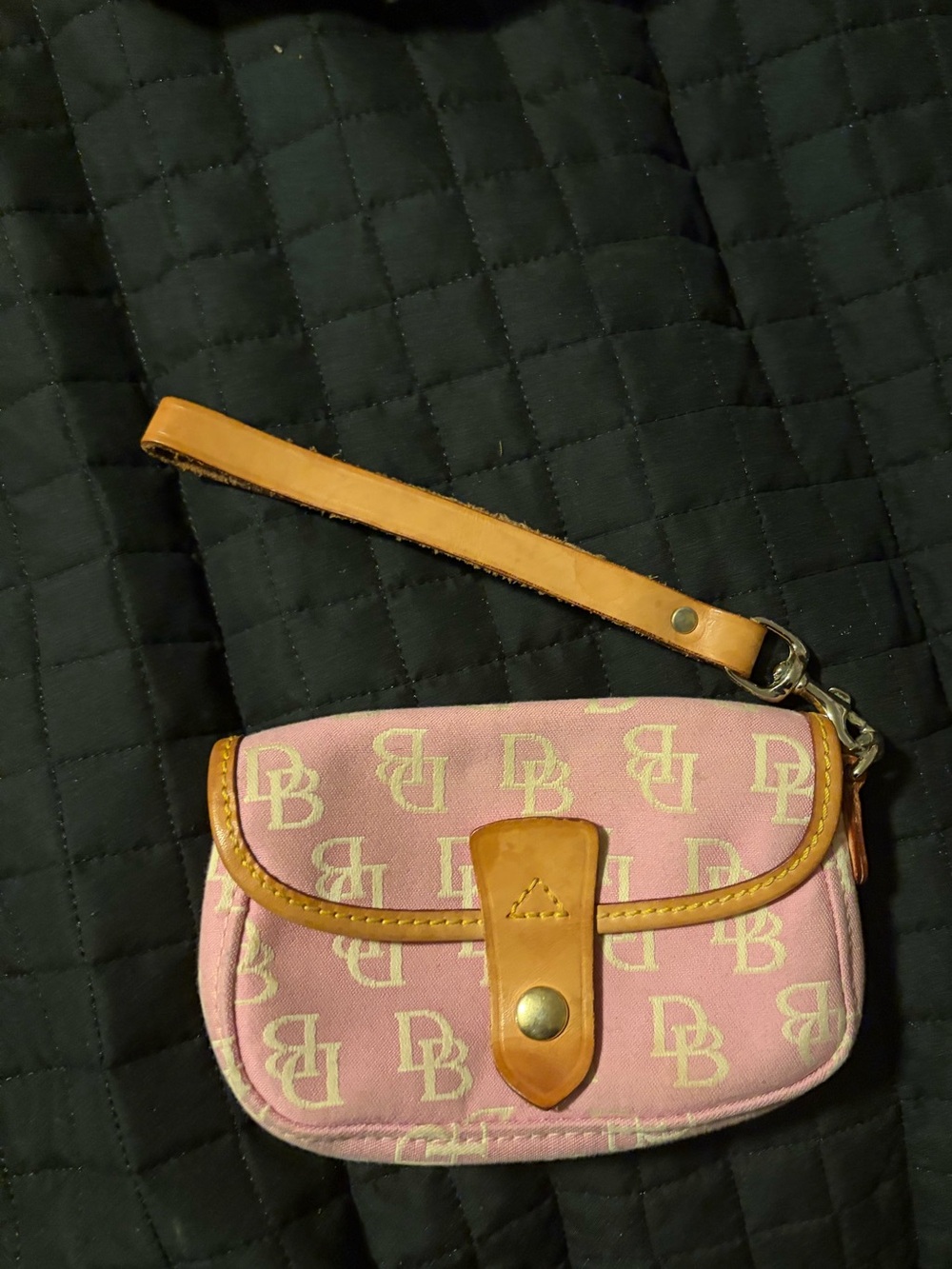 Dooney & Bourke Pink Canvas Wristlet with Tan Leather Trim